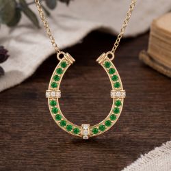 Golden Horseshoe Round Cut Emerald & White Sapphire Pendant Necklace