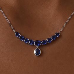 Bezel Oval & Round Cut Blue Sapphire Pendant Necklace