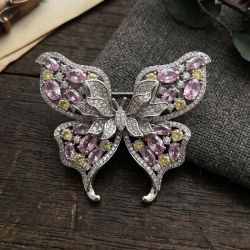 Butterfly Round & Oval Cut White & Pink & Yellow Sapphire Brooch Pin