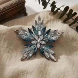 Snowflake Marquise & Round Cut White & Blue & Aquamarine Sapphire Brooch Pin