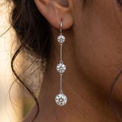 Bezel Milgrain Round Cut White Sapphire Drop Earrings