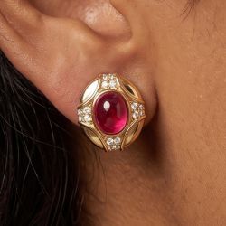 Golden Bezel Oval Cabochon & Round Cut Ruby & White Sapphire Stud Earrings