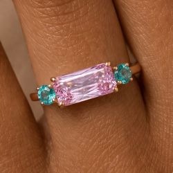 Golden Three Stone Baguette & Round Cut Pink & Tourmaline Sapphire Engagement Ring