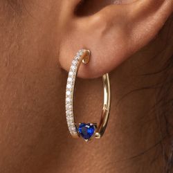 Golden Heart & Round Cut Blue & White Sapphire Hoop Earrings
