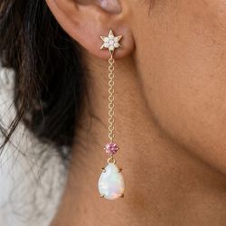 Golden Star Pear & Round Cut Opal & Pink & White Sapphire Drop Earrings