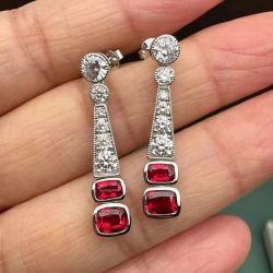 Bezel Cushion & Round Cut Ruby & White Sapphire Drop Earrings
