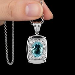 Halo Oval & Round Cut Aquamarine & White Sapphire Pendant Necklace