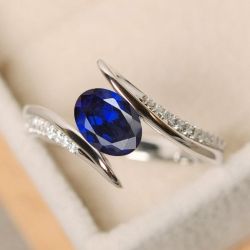 Bypass Oval & Round Cut Blue & White Sapphire Engagement Ring