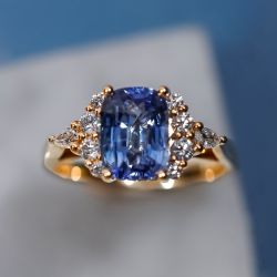 Golden Cushion & Round & Pear Cut Blue & White Sapphire Engagement Ring
