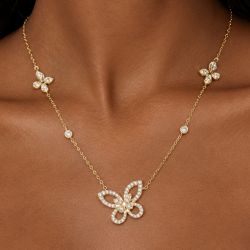 Golden Butterfly Round Cut White Sapphire Pendant Necklace