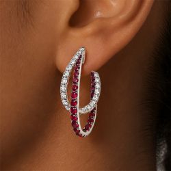 Intertwined Round Cut Ruby & White Sapphire Hoop Earrings