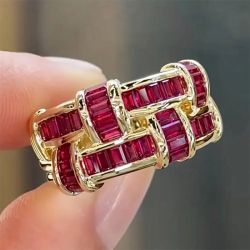 Golden Baguette Cut Ruby Sapphire Half Eternity Wedding Band Ring