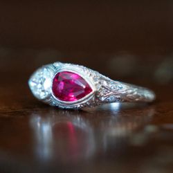 Milgrain Two Stone Pear Cut White & Ruby Sapphire Vintage Engagement Ring For Women