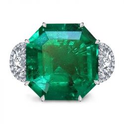 Three Stone Asscher & Half Moon Cut Emerald Engagement Ring
