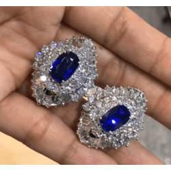Blue Oval Cut Halo Earrings