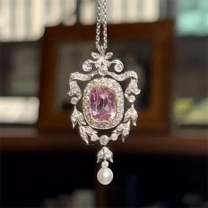 Two Tone Cushion Cut Pink & White Sapphire & Pearl Pendant Necklace For Women
