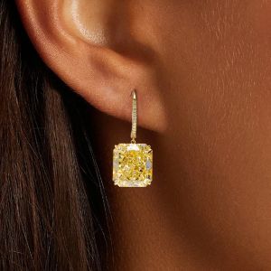 Golden Radiant Cut Yellow Sapphire Hoop Earrings