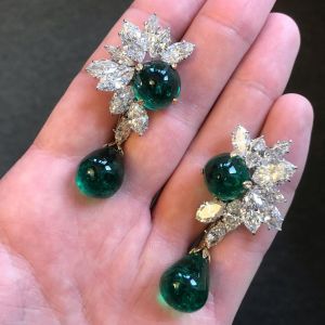 Cabochon Emerald Round & Marquise Cut Drop Earrings