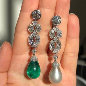 Bezel Created Sapphire & Pearl Enchanting Drop Earrings