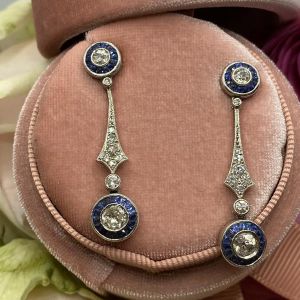 Art Deco Blue & White Sapphire Drop Earrings For Women