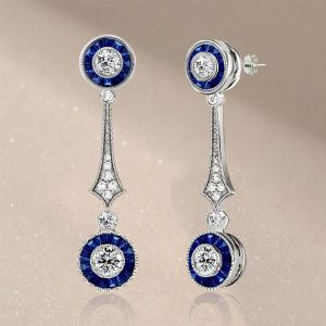 Art Deco Blue & White Sapphire Drop Earrings For Women