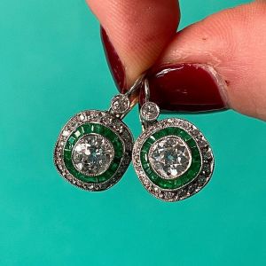 Art Deco Created Emerald Sapphire Target Drop Earrings