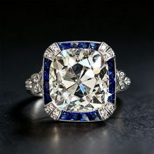 Art Deco Ring Cushion Blue & White Sapphire Engagement Ring