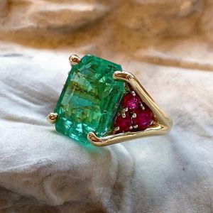 Golden Emerald Cut Emerald & Ruby Engagement Ring For Women
