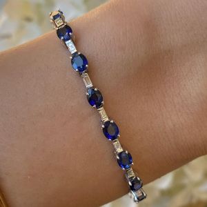 Oval & Baguette Cut Created Blue Sapphire Tennis Bracelet