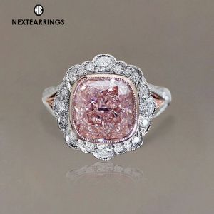 Art Deco Halo Cushion Cut Pink Sapphire Engagement Ring