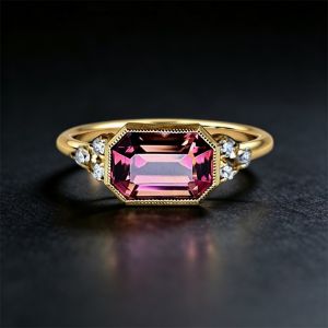 Nextearrings Golden Bezel Emerald Cut Ruby Sapphire Engagement Ring For Women