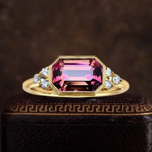 Golden Emerald Cut Ring Ruby Engagement Ring For Women