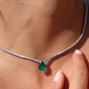 Pear & Round Cut Emerald Color Tennis Necklace For Women