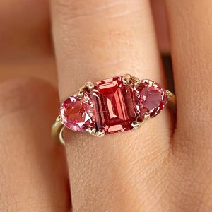 Three Stone Emerald Cut Orange Sapphire Engagement Ring