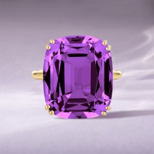 Golden Cushion Cut Purple Sapphire Solitaire Engagement Ring