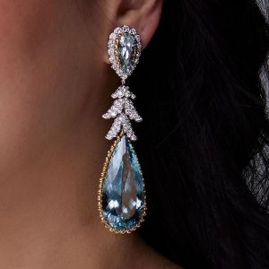 Vintage Two Tone Pear Cut Aquamarine Drop Earrings For Women
