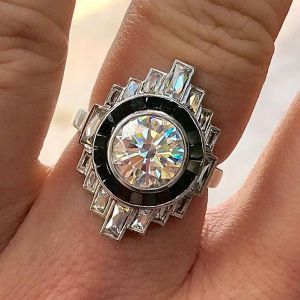 Unique Round Cut White & Black Sapphire Engagement Ring