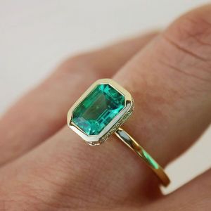 Hidden Halo Golden Asscher Cut Emerald Color Engagement Ring