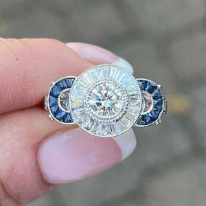 Vintage Halo Round Cut White & Blue Sapphire Engagement Ring