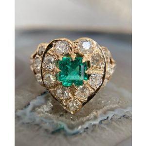 Heart Design Golden Halo Asscher Cut Emerald Engagement Ring