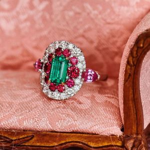 Two Tone Halo Emerald Cut Emerald & Red Engagement Ring