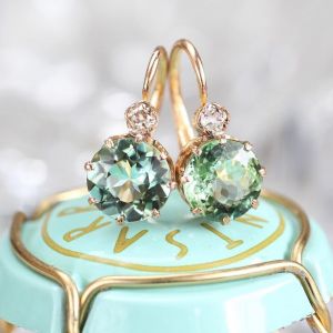 Classic Golden Round Cut Light Green Sapphire Drop Earrings