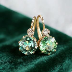 Classic Golden Round Cut Peridot Sapphire Drop Earrings