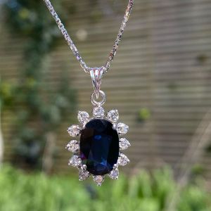 Vintage Halo Oval Cut Blue Sapphire Pendant Necklace
