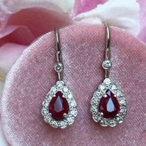 Halo Pear Cut Ruby & White Sapphire Drop Earrings