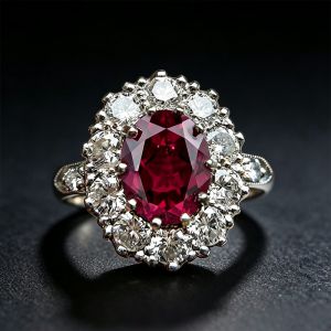 Two Tone Halo Oval Cut Ruby & White Sapphire Engagement Ring