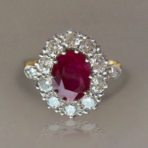Two Tone Halo Oval Cut Ruby & White Sapphire Engagement Ring
