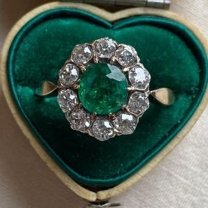 Two Tone Halo Round Cut Emerald Sapphire Engagement Ring