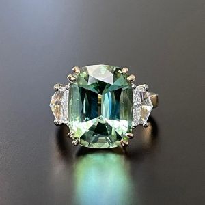Three Stone Cushion Cut Green Sapphire Engagement Ring
