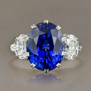 Three Stone Oval Cut Blue Sapphire Engagement Ring
